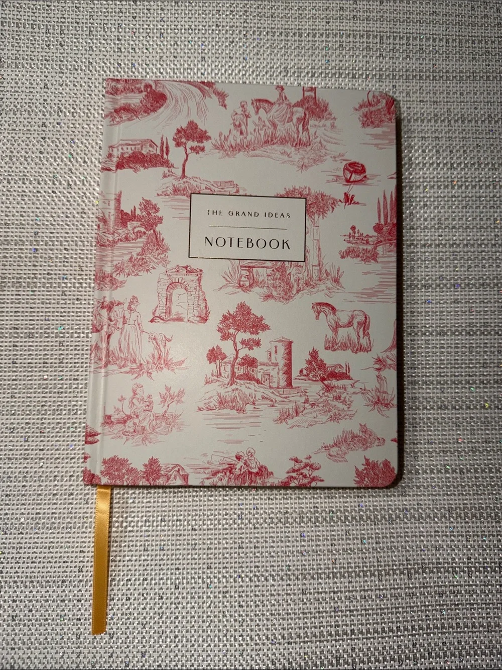 White Red Toile Print Ivory lined pages hard cover journal with a book mark